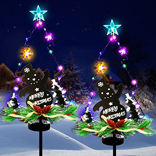 48 Inch Tall 20 LEDs Solar Garden Lights Tree Outdoor, 2 Pack Christmas Tree Lights Multi-Color Pine Lights for Garden Patio Pathway Lights Xmas Snowman Decors 2 Modes (Flicker Light & Constant)