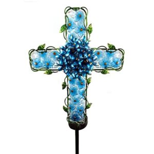 coozzyhour solar cross garden lights outdoor decorative – solar metal&glass cross blue hydrangea flower stake lights- waterproof 20 warm white led for remembrance gifts