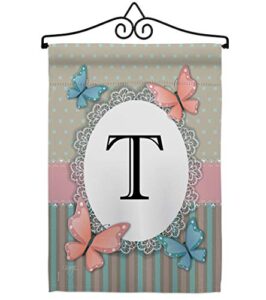 breeze decor t initial garden flag set wall hanger monogram friends bugs & frogs butterfly ladybugs dragonfly bee springtime insect natural wildlife house yard gift double-sided, made in usa