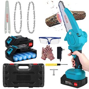 mini chainsaw cordless 6 inch chain saw battery powered with 2 batteries 21v 2000mah 2pc 6-inch chains, electric chainsaw handheld portable for wood cutting tree trimming, small rechargeable chain saw