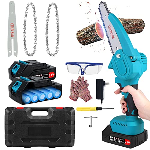 Mini Chainsaw Cordless 6 Inch Chain Saw Battery Powered with 2 Batteries 21V 2000mAh 2pc 6-inch Chains, Electric Chainsaw Handheld Portable for Wood Cutting Tree Trimming, Small Rechargeable Chain Saw