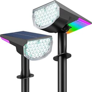 outdoor solar garden lights 32 leds decorative with rgb back lights, cold white bright spotlight+multicolor tail landscape lights, 4 modes/ip68 waterproof/height adjustable, for garden/pathway, 2 pack