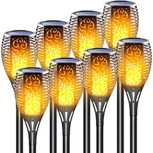 lazybuddy solar outdoor lights, 8 pack solar torch light with flickering flame, 33led solar powered tiki torches for outside landscape decoration lighting for garden, pathway, lawn, dusk to dawn