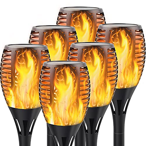 Permande Solar Torch Light with Flickering Flame, 6 Pack Dancing Flame Torches for Patio, Auto On/Off Dust to Dawn Waterproof Outdoor Solar Lights for Garden Halloween Decorations