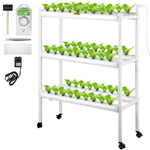 VEVOR Hydroponics Growing System, 54 Sites 6 Food-Grade PVC-U Pipes, 3 Layers Indoor Planting Kit with Water Pump, Timer, Nest Basket, Sponge for Fruits, Vegetables, Herb, White