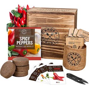 indoor pepper seed starter kit – pepper growing kit with 4 non-gmo hot pepper seeds, wood planter box, soil, pots, plant markers, vegan gardening gifts, grow your own indoor vegetable garden kit