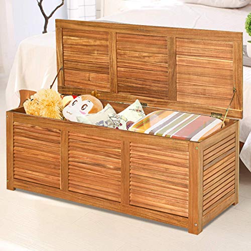 LDAILY Moccha Garden Backyard Storage Bench, Large Acacia Wood Deck Box, Outdoor Storage Container for Patio Furniture Cushions and Gardening Tools