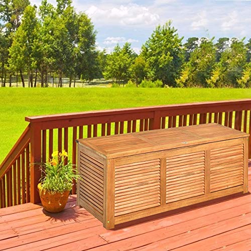 LDAILY Moccha Garden Backyard Storage Bench, Large Acacia Wood Deck Box, Outdoor Storage Container for Patio Furniture Cushions and Gardening Tools