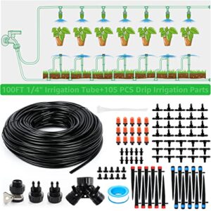 bonviee drip irrigation kit, 100ft/30m garden watering system, 1/4 inch automatic patio misting system for garden with distribution tubing hose & adjustable nozzle emitters sprinkler barbed fittings