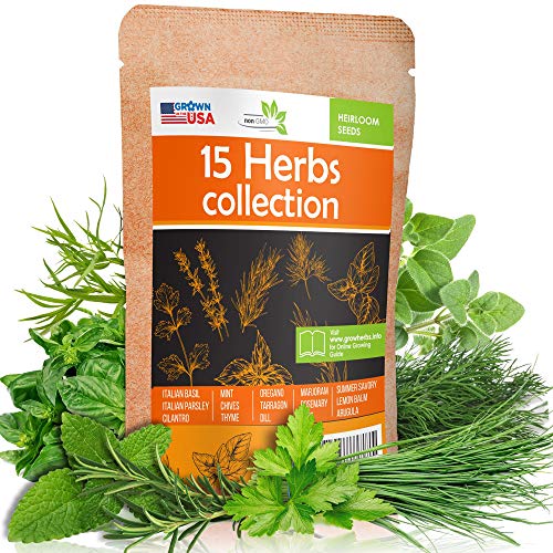 15 Culinary Herb Seeds Pack - Heirloom and Non GMO, Grown in USA - Indoor or Outdoor Garden - Basil, Parsley, Dill, Cilantro, Rosemary, Mint, Thyme, Oregano, Tarragon, Chives, Sage, Arugula & More