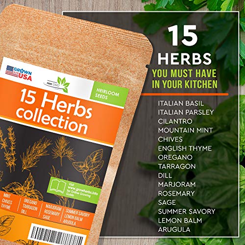 15 Culinary Herb Seeds Pack - Heirloom and Non GMO, Grown in USA - Indoor or Outdoor Garden - Basil, Parsley, Dill, Cilantro, Rosemary, Mint, Thyme, Oregano, Tarragon, Chives, Sage, Arugula & More