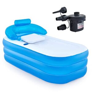co-z inflatable bathtub with electric air pump and bath pillow headrest, portable blow up bath tub for adults, outdoor or indoor freestanding foldable spa tub with cover drainage hose cup holder, blue