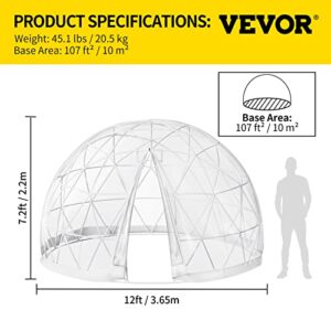 VEVOR 12FT Garden Dome Bubble Tent, Upgraded Geodesic Dome Greenhouse with Transparent TPU Cover and Sand Bags, Waterproof Garden Dome House for Patio and Dining Places