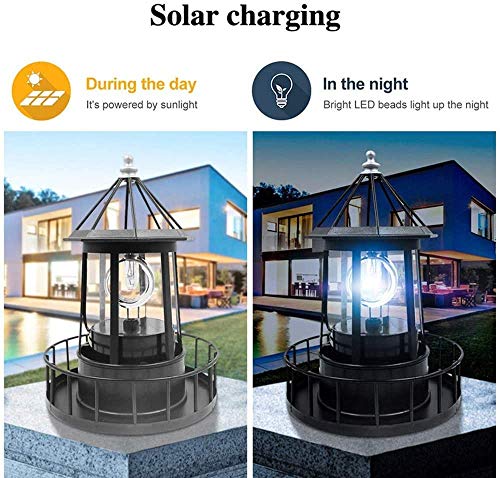 Marsrut LED Solar Light Powered Rotating Lighthouse Beacon Lamp, Outdoor Courtyard Waterproof Solar Hanging Lamp, Lawn Lantern, for Patio Fence Garden Decoration Outdoor Lighting Home Decor (Black)