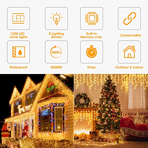 GYLEFY Christmas Lights Outdoor, Icicle Lights 98.4FT Curtain Lights 1200LED Connectable String Lights Waterproof Fairy Lights with Plug for Xmas Wedding Party Garden Indoor Decor - Warm White