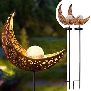 eoyizw garden decor, 32″ (2 pack) garden solar lights outdoor decor, crystal glass globe metal moon stake light, yard art decorations ornaments light warm white led for lawn, patio, pathway