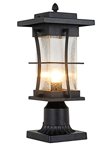 EERU Waterproof Outdoor Post Light Fixture Pole Mount Light with Pier Mount Adapter, Black Finish with Seeded Glass Outdoor Post Lantern for Patio, Garden, Porch and Backyard