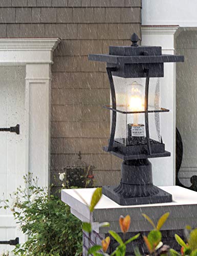 EERU Waterproof Outdoor Post Light Fixture Pole Mount Light with Pier Mount Adapter, Black Finish with Seeded Glass Outdoor Post Lantern for Patio, Garden, Porch and Backyard