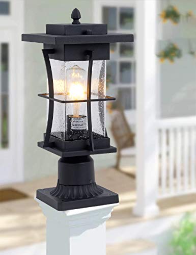 EERU Waterproof Outdoor Post Light Fixture Pole Mount Light with Pier Mount Adapter, Black Finish with Seeded Glass Outdoor Post Lantern for Patio, Garden, Porch and Backyard