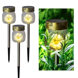 3-pack glass daisy flower in a jar stake lights – solar led waterproof outdoor garden decor – decorative electronic light fixture jars for yard, lawn, patio, deck, pathway, pond, backyard