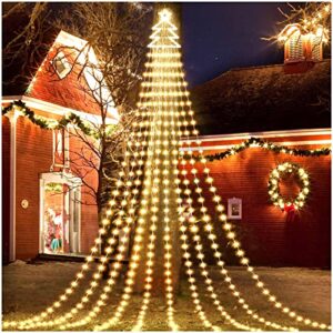 gorrzai outdoor christmas decorations star string lights 420 led waterproof string lights with christmas tree topper, 8 lighting modes waterfall lights for tree patio garden yard party (warm white)