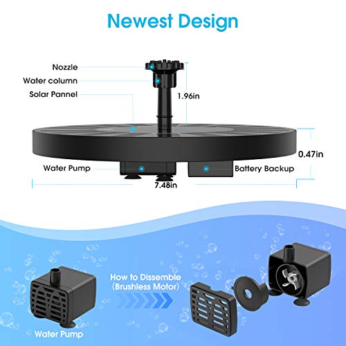 2.5W Solar Fountain Pump with 1200mAh Battery, Solar Water Pump Floating Fountain with 6 Nozzles, for Bird Bath, Fish Tank, Pond or Garden Decoration Pond heaters for Outdoor Ponds