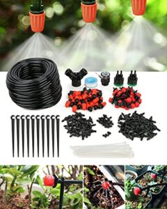 la farah 98ft drip irrigation kit, 149pcs micro drip system kit with 1/4″ blank distribution tubing adjustable drip emitters misting sprinkler barbed connectors, garden watering system for plant