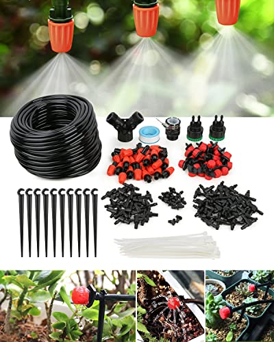 La Farah 98ft Drip Irrigation Kit, 149pcs Micro Drip System Kit with 1/4" Blank Distribution Tubing Adjustable Drip Emitters Misting Sprinkler Barbed Connectors, Garden Watering System for Plant