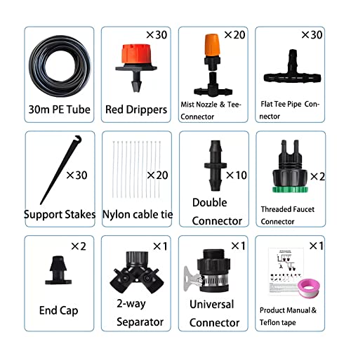 La Farah 98ft Drip Irrigation Kit, 149pcs Micro Drip System Kit with 1/4" Blank Distribution Tubing Adjustable Drip Emitters Misting Sprinkler Barbed Connectors, Garden Watering System for Plant