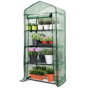 worth garden 4 tier mini greenhouse – 63” h x 27” l x 19” w – sturdy portable gardening shelves with durable pe cover w/roll-up zipper door- small green house indoor & outdoor for plants flowers