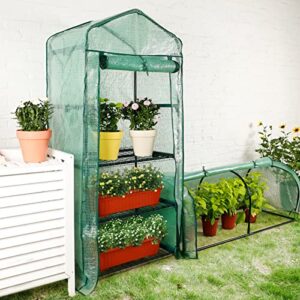 Worth Garden 4 Tier Mini Greenhouse - 63'' H x 27'' L x 19'' W - Sturdy Portable Gardening Shelves with Durable PE Cover w/Roll-Up Zipper Door- Small Green House Indoor & Outdoor for Plants Flowers
