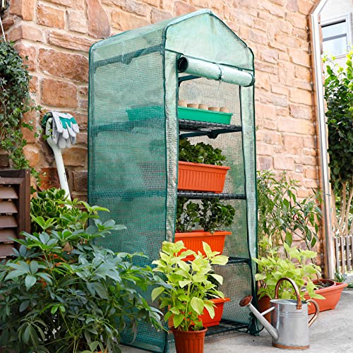 Worth Garden 4 Tier Mini Greenhouse - 63'' H x 27'' L x 19'' W - Sturdy Portable Gardening Shelves with Durable PE Cover w/Roll-Up Zipper Door- Small Green House Indoor & Outdoor for Plants Flowers