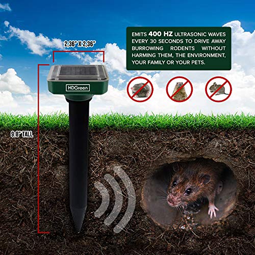 HDGreen Solar-Powered Sonic Pest Repeller for Moles and Rodents, 2 Pack,Animal-Safe Repellent, Waterproof and Weather Resistant, Large Outdoor Coverage