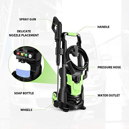 WHOLESUN 2150PSI + 1.71GPM Pressure Washer, 1900W Electric High Power Washer, Powerful Cleaner Machine, Self Assembled, Rotatable Iron Spray Lance for Patio, Garden, Car Cleaning(Green)