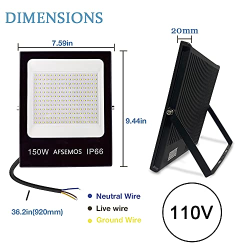 AFSEMOS 150W LED Flood Light,10500lm Outdoor Flood Lights 2pack Super Bright 6000K Daylight White Lights,LED Work Light IP66 Waterproof Security Light for Backyard，Playground，Garden，Stadium