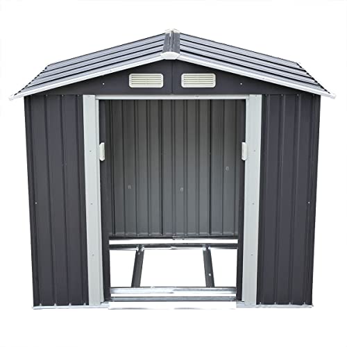 NBTiger 4.2’ x 7’ Large Outdoor Storage Shed, Sturdy Utility Tool Lawn Mower Equipment Organizer for Backyard Garden w/Gable Roof, Lockable Sliding Door, Vents - Grey