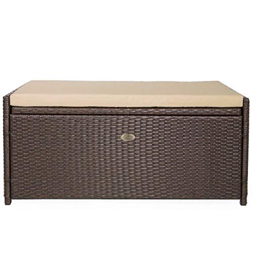 Mandycng Patio Outdoor Rattan Storage Bench w/Cushion, Weatherproof Poolside Deck Box Storage Shed Bin Backyard, Garden Wicker Seat Storage Bench Outdoor Furniture, 60 Gallon Capacity