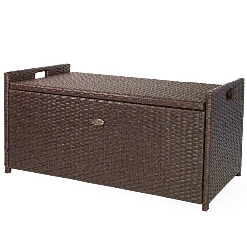 Mandycng Patio Outdoor Rattan Storage Bench w/Cushion, Weatherproof Poolside Deck Box Storage Shed Bin Backyard, Garden Wicker Seat Storage Bench Outdoor Furniture, 60 Gallon Capacity