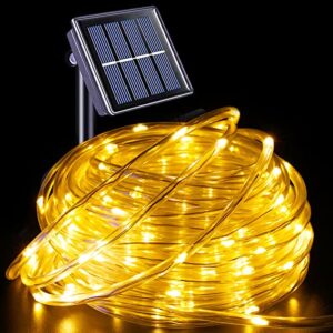 yeguo solar rope lights outdoor waterproof led, 66ft 200 led string lights outdoor, clear pvc tube warm white fairy lights for tree deck railing patio fence balcony porch pool path yard garden camping
