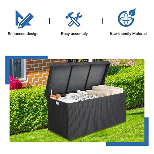 OOTDxvv 500L/132Gallon PE Rattan Deck Box for Patio Furniture, Pool Accessories, and Storage for Outdoor Toys, Black Four-Wire Rattan