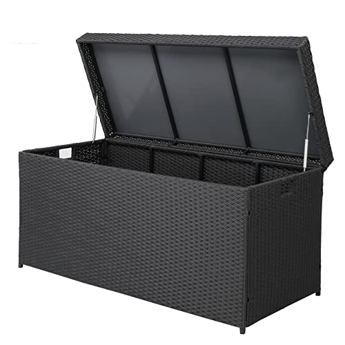 OOTDxvv 500L/132Gallon PE Rattan Deck Box for Patio Furniture, Pool Accessories, and Storage for Outdoor Toys, Black Four-Wire Rattan