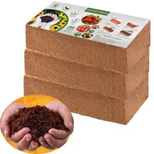 coco coir bricks for plants – compressed coconut fiber substrate garden coir plant soil for vegetables flowers berries planting, reptile bedding(3 pack)