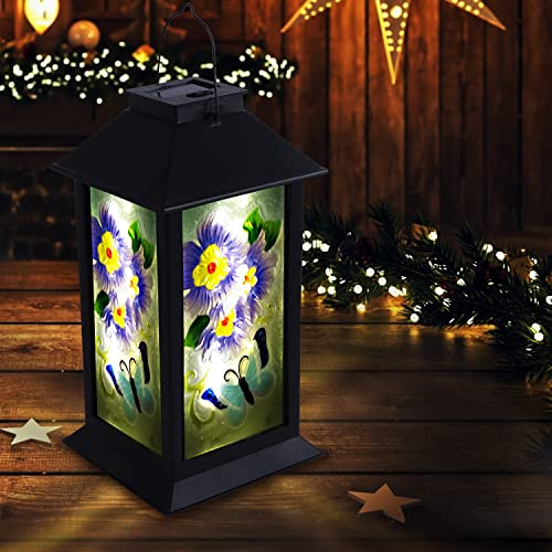 Large Solar Lantern Outdoor Hanging Lights, Waterproof 20 LED Decorative Garden Lights, Glass Solar Lanterns Table Lamps with Butterfly Flowers Pattern for Yard Patio Pathway Deck Decor