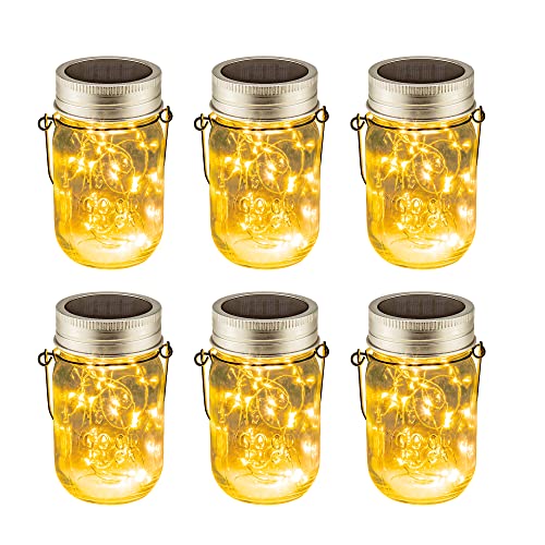 Solpex Solar Mason Jar Lights 30 LEDs, 6 Pack Fairy Hanging Solar Outdoor String Lights with Jars and Hangers, Waterproof Decorative Fairy Solar Lantern Lights for Garden Balcony Patio- Warm White