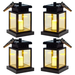 sunklly hanging solar lanterns outdoor – 4 pack solar candle flickering lights waterproof led hanging solar lanterns lights for garden, patio, umbrella, tent, tree, yard, deck, camping (warm light)