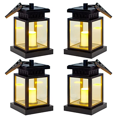 Sunklly Hanging Solar Lanterns Outdoor - 4 Pack Solar Candle Flickering Lights Waterproof Led Hanging Solar Lanterns Lights for Garden, Patio, Umbrella, Tent, Tree, Yard, Deck, Camping (Warm Light)