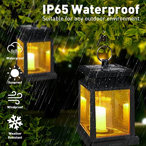 Sunklly Hanging Solar Lanterns Outdoor - 4 Pack Solar Candle Flickering Lights Waterproof Led Hanging Solar Lanterns Lights for Garden, Patio, Umbrella, Tent, Tree, Yard, Deck, Camping (Warm Light)