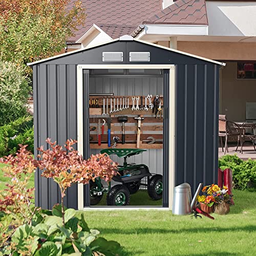 Renatone Outdoor Storage Shed, 7 x 4 FT Galvanized Metal Storage House with 4 Vents & Double Sliding, Steel Utility Tool Shed for Garden, Backyard, Patio