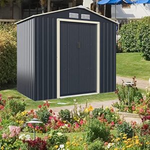 Renatone Outdoor Storage Shed, 7 x 4 FT Galvanized Metal Storage House with 4 Vents & Double Sliding, Steel Utility Tool Shed for Garden, Backyard, Patio