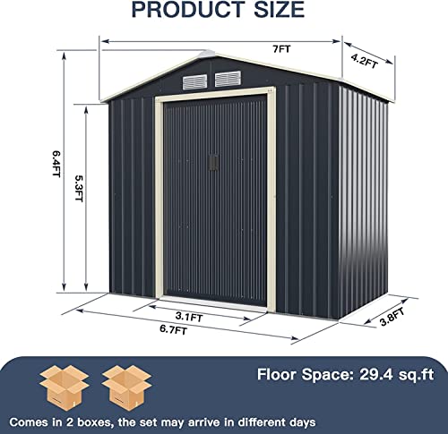 Renatone Outdoor Storage Shed, 7 x 4 FT Galvanized Metal Storage House with 4 Vents & Double Sliding, Steel Utility Tool Shed for Garden, Backyard, Patio